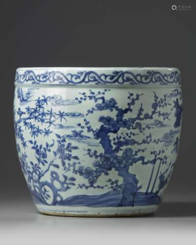 A Chinese blue and white 'Three Friends of Winter' jardiniere