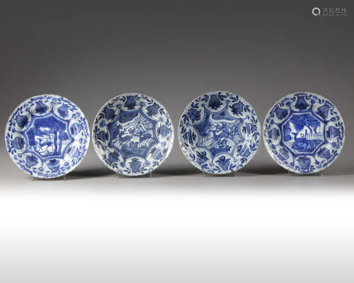 Four Chinese blue and white dishes