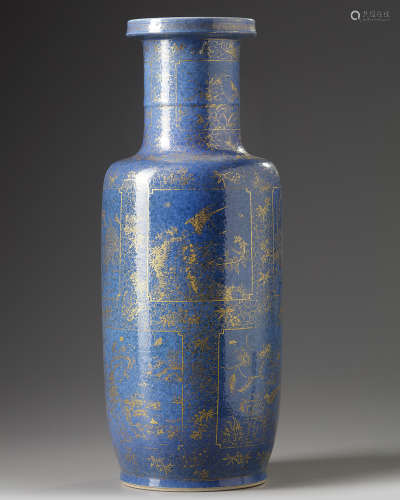 A Chinese powder-blue ground gilt-decorated rouleau vase