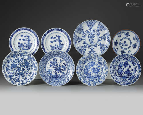 A group of eight Chinese blue and white dishes