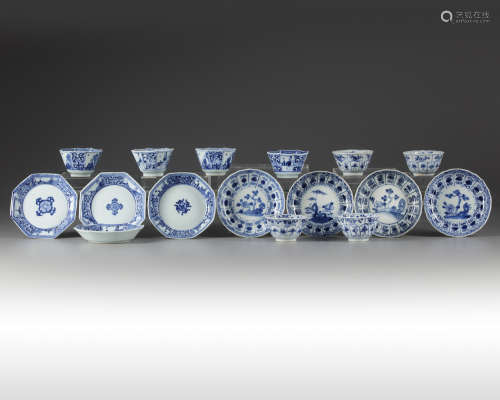 Eight sets of Chinese blue and white cups and saucers