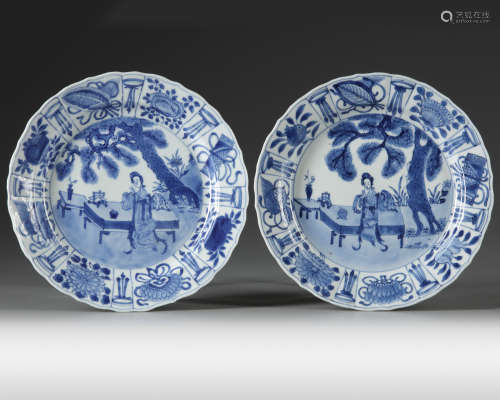 A matched pair of Chinese blue and white 'ladies' dishes