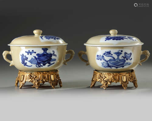 A pair of Chinese café-au-lait-ground blue and white potiches and covers