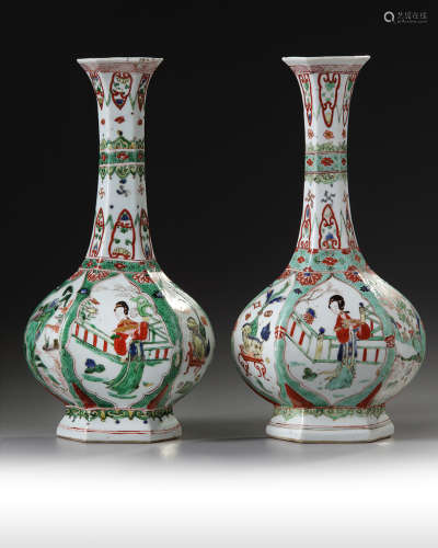 A pair of Chinese famille verte hexagonal bottle vases