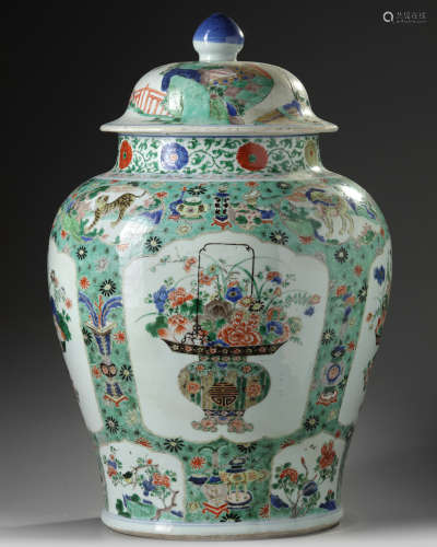 A large Chinese famille verte baluster vase and a wucai cover