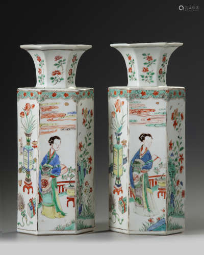 A pair of Chinese famille verte hexagonal vases