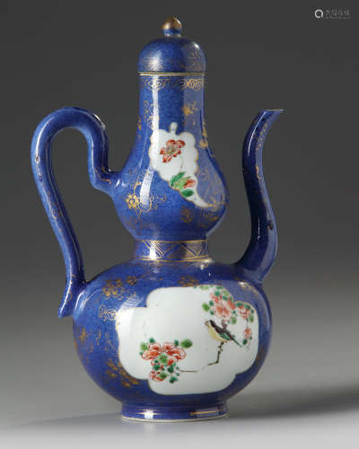 A Chinese powder blue-ground famille verte ewer and cover