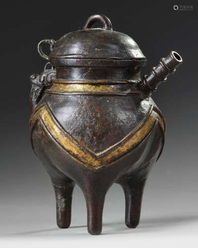 A Chinese parcel-gilt bronze tripod vessel and cover, He