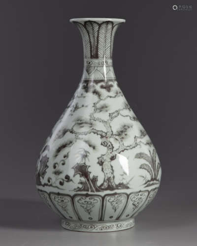 A Chinese underglaze coppe red 'three friends of winter' vase, yuhuchunping