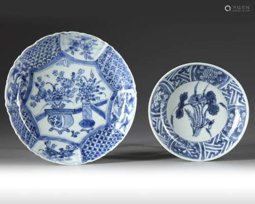 A Chinese blue and white 'lotus bouquet' dish and a small saucer