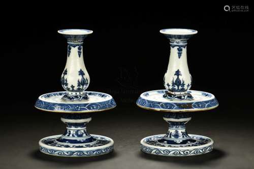 PAIR OF BLUE AND WHITE CANDLE HOLDERS