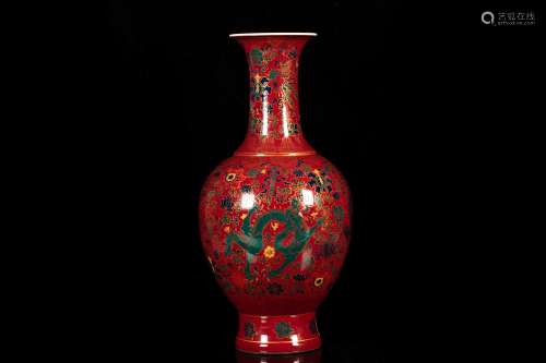 A CORAL-GROUND FAMILLE VASE