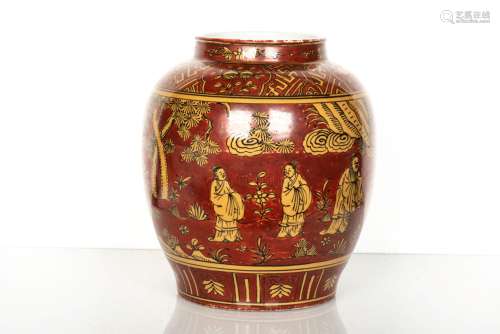 A CORAL-RED GROUND 'FIGURE' JAR