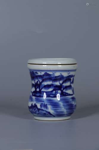 A BLUE AND WHITE JAR WITH COVER