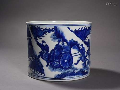 A BLUE AND WHITE FIGURAL BRUSH POT, KANGXI PERIOD