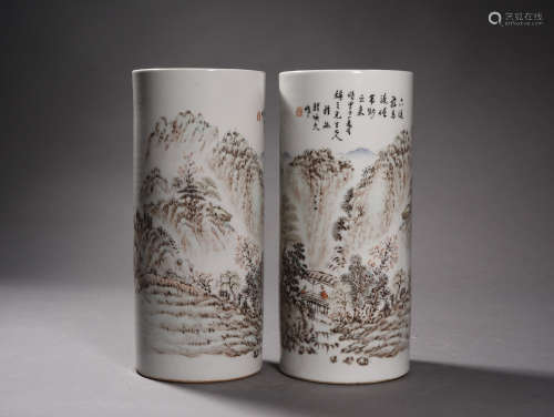 A PAIR OF QIANJIANGCAI ENAMELED HAT STANDS, REPUBLIC PERIOD