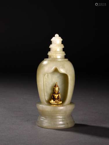 A PALE CELADON JADE STUPA, 18TH-19TH CENTURY