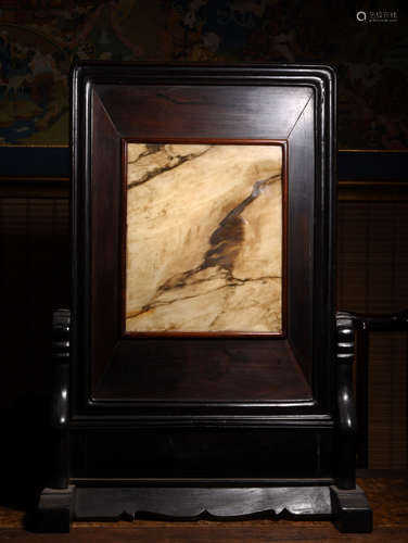 A MARBLE INLAID ROSEWOOD TABLE SCREEN, 18-19TH CENTURY