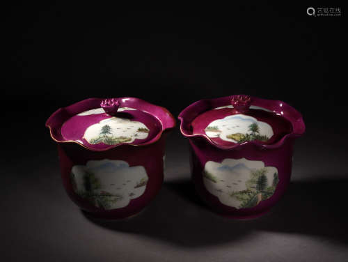 A PAIR OF PINK ENAMELED JARS AND COVERS, REPUBLIC PERIOD
