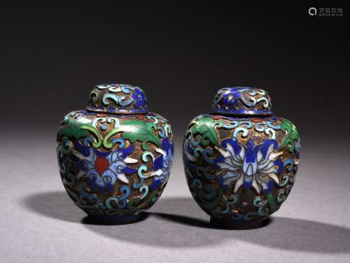 A PAIR OF CHAMPLEVE ENAMEL JARS, 19TH CENTURY