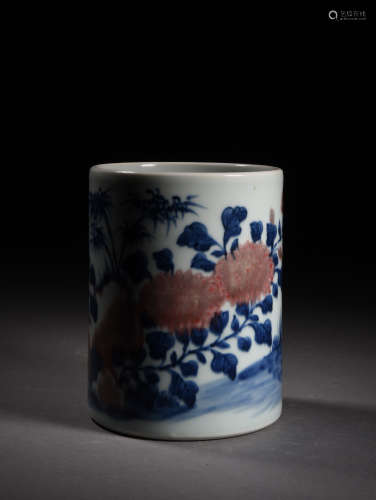 A BLUE AND WHITE AND COPPER RED BRUSH POT, KANGXI PERIOD