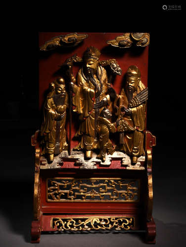 A CARVED THREE STAR GODS POLYCHROME TABLE SCREEN, 18TH CENTURY