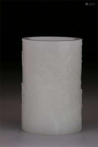 A Chinese Carved Jade Brush Pot