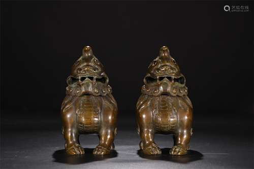 A Pair of Chinese Bronze Foo-Dogs Incense Burner