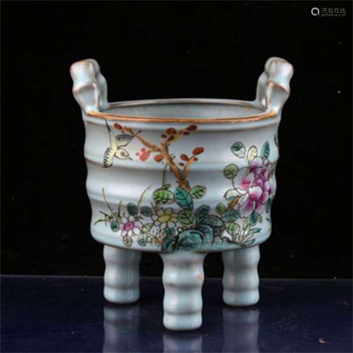A Chinese Celadon Glazed Famille-Rose Porcelain Incense Burner