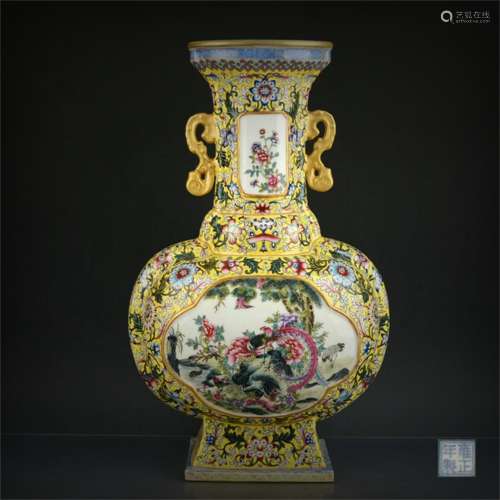 A Chinese Yellow Ground Enamel Glazed Porcelain Vase