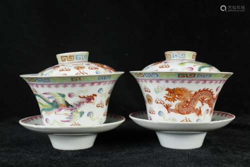 A Pair of Chinese Famille-Rose Porcelain Cups with Covers