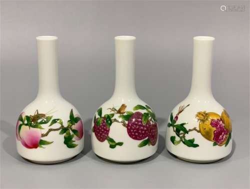 A Set of Three Enamel Glazed Porcelain Vases