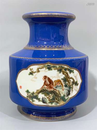 A Chinese Blue Ground Famille-Rose Porcelain Vase