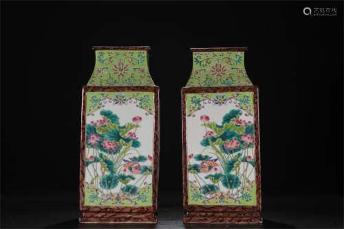 A Pair of Chinese Famille-Rose Porcelain Square Vases