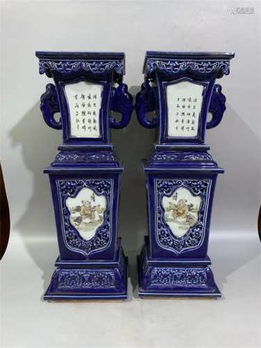 A Chinese Blue Ground Famille-Rose Porcelain Vases