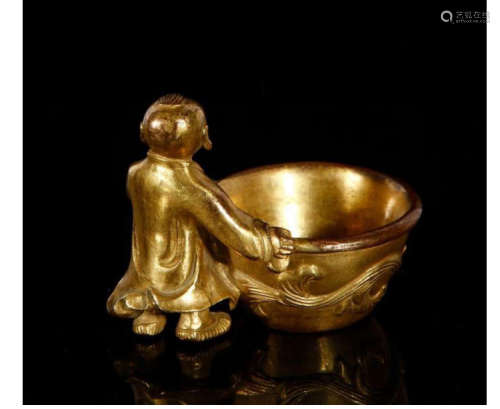 铜鎏金童子水盂
