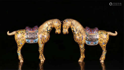 PAIR OF CHINESE ENAMEL BRONZE HORSE TABLE ITEM