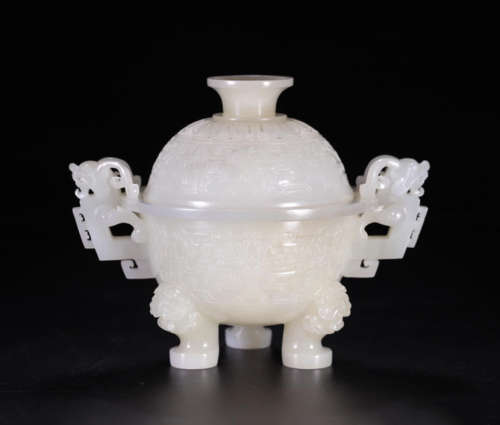 CHINESE WHITE JADE LIDDED TRIPLE FEET DRAGON HANDLE CENSER