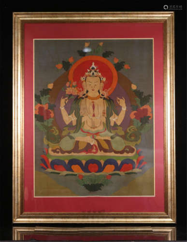 TIBETAN THANGKA OF SEATED BUDDHA ON LOTUS STAND