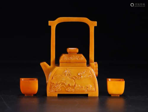 CHINESE YELLOW JADE LONG HANDLE TEA POT WITH CUPS