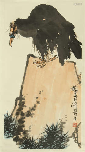 CHINESE SCROLL PAINTING OF EAGLE ON ROCK