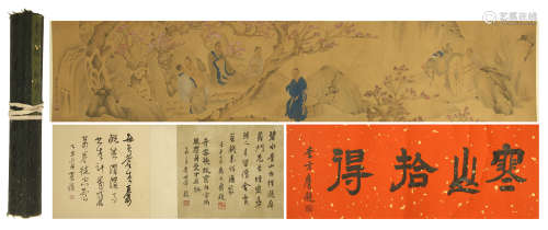 CHINESE HAND SCROLL PAINTING OF FIGURES IN WOOD WITH CALLIGRAPHY