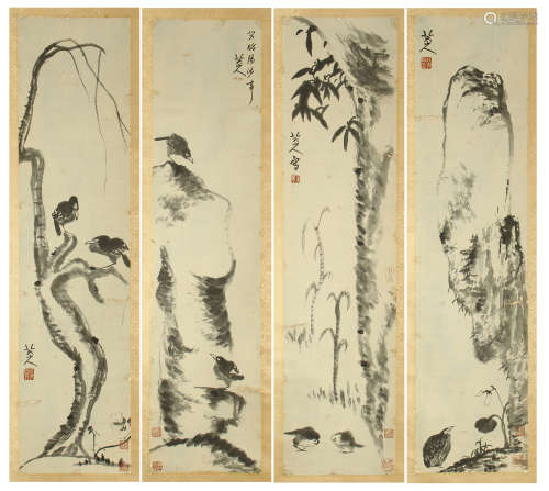 FOUR PANELS OF CHINESE SCROLL PAINTING OF BIRD AND ROCK