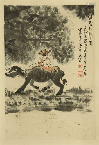 CHINESE SCROLL PAINTING OF BOY AND OX UNDER TREE