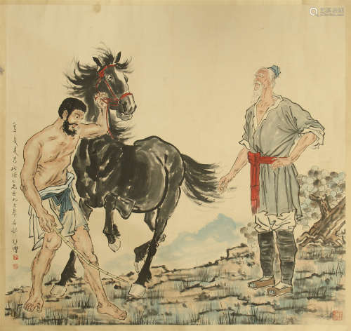 CHINESE SCROLL PAINTING OF MEN AND HORSE