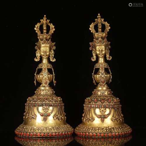 PAIR OF CHINESE GILT BRONZE BUDDHIST RITAL BELLS