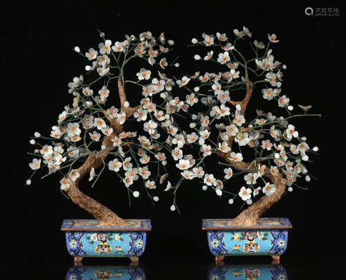 PAIR OF CHINESE WHITE JADE BENSAI IN ENAMEL BASIN