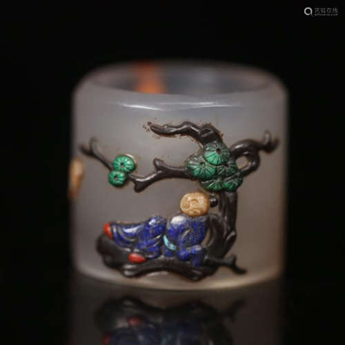 CHINESE GEM STONE INLAID AGATE ARCHER'S RING