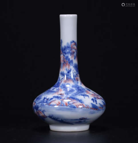 CHINESE PORCELAIN RED UNDER GLAZE BLUE AND WHITE MOUNTAIN VIEWS VASE