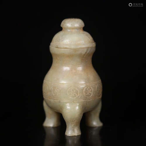 CHINESE ANCIENT JADE TRIPLE FEET LIDDED CENSER